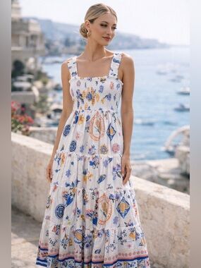 Petal & Pup Linen Blend Maxi Dress WhiteBlue Mediterranean Print Tiered Sundress